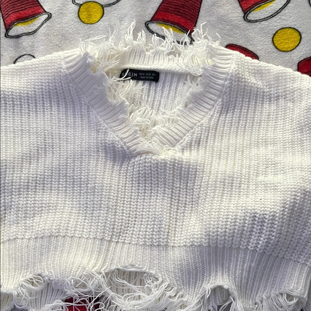 SHEIN Cream Frayed Knit Top